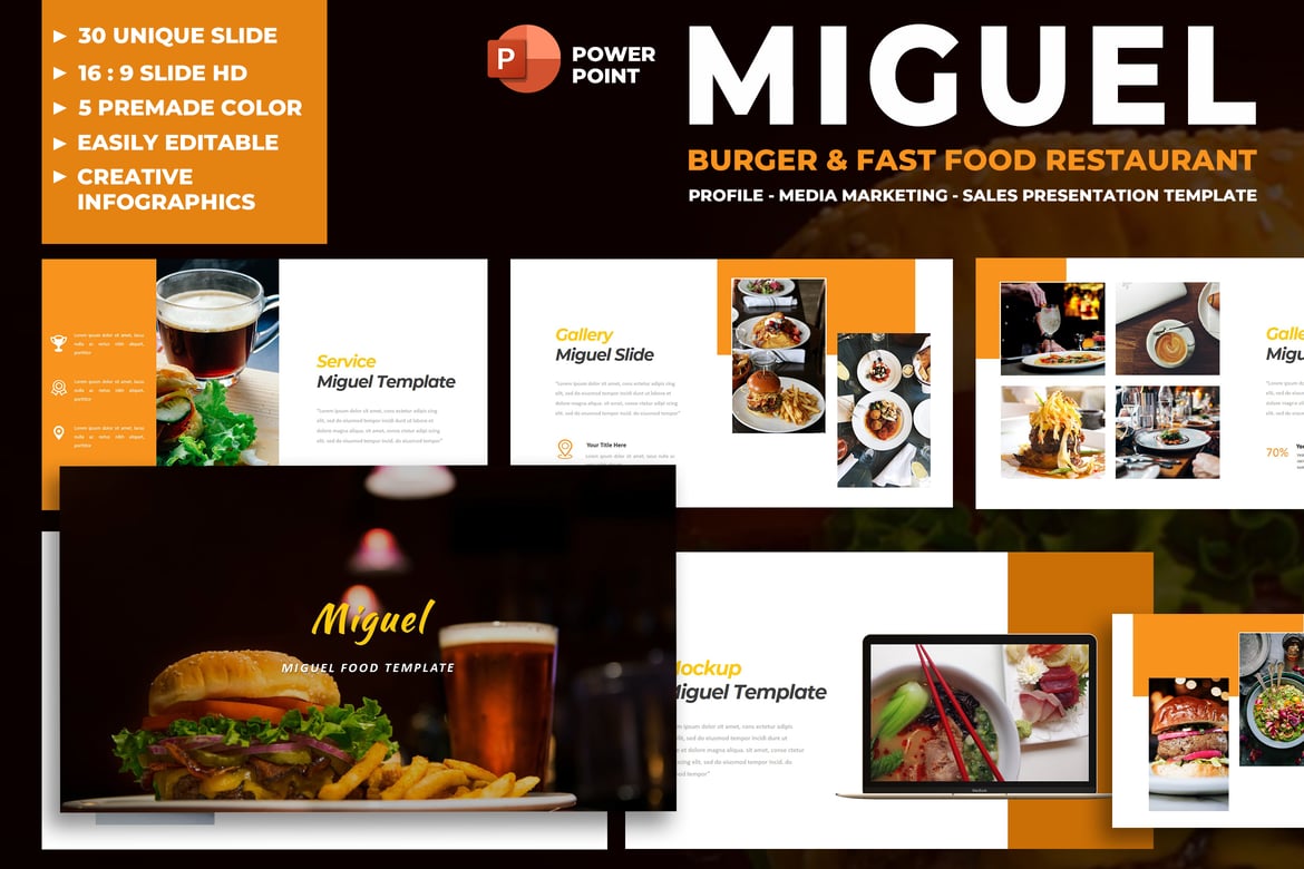 Template PowerPoint Menarik untuk Restoran Burger & Fast Food Miguel