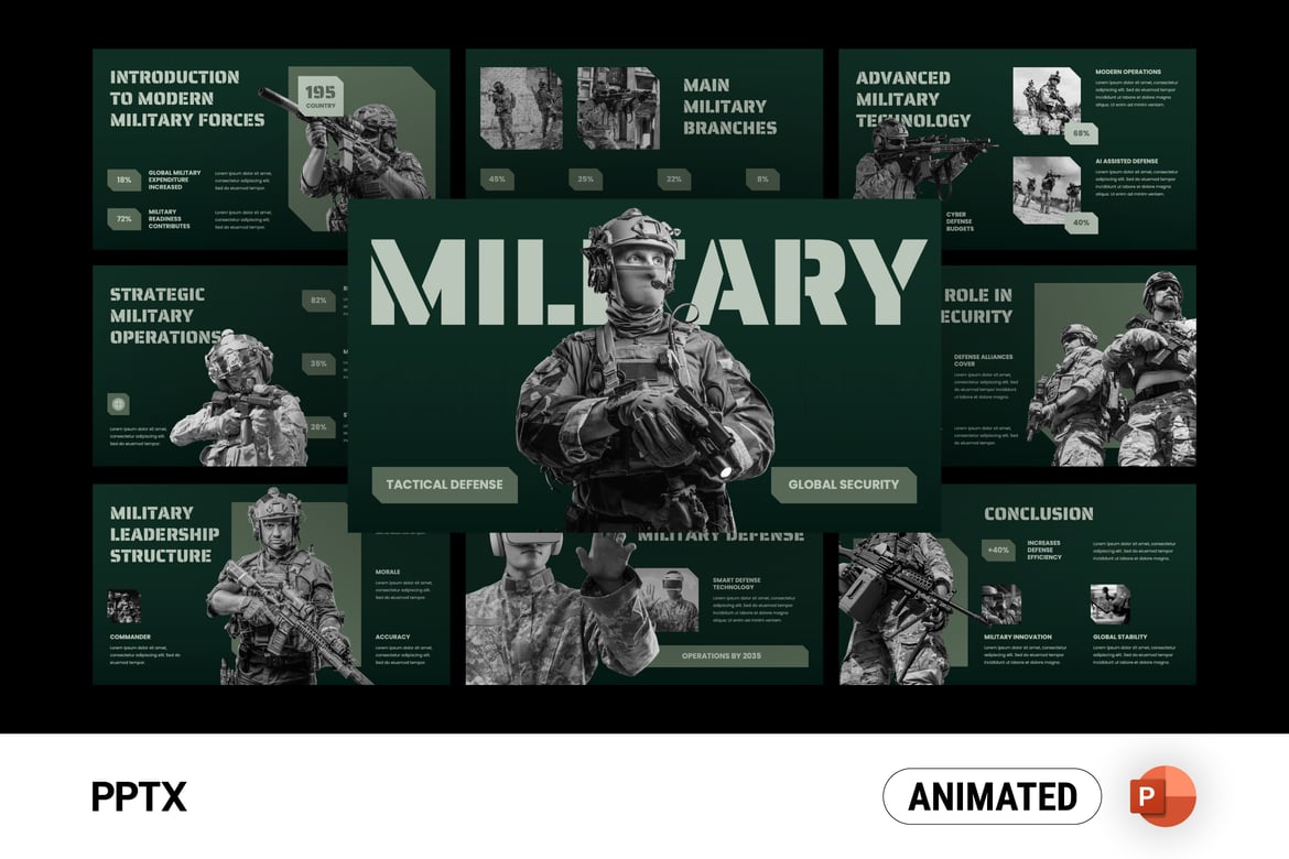Template Presentasi PowerPoint Strategi Pertahanan Militer yang Modern dan Dinamis