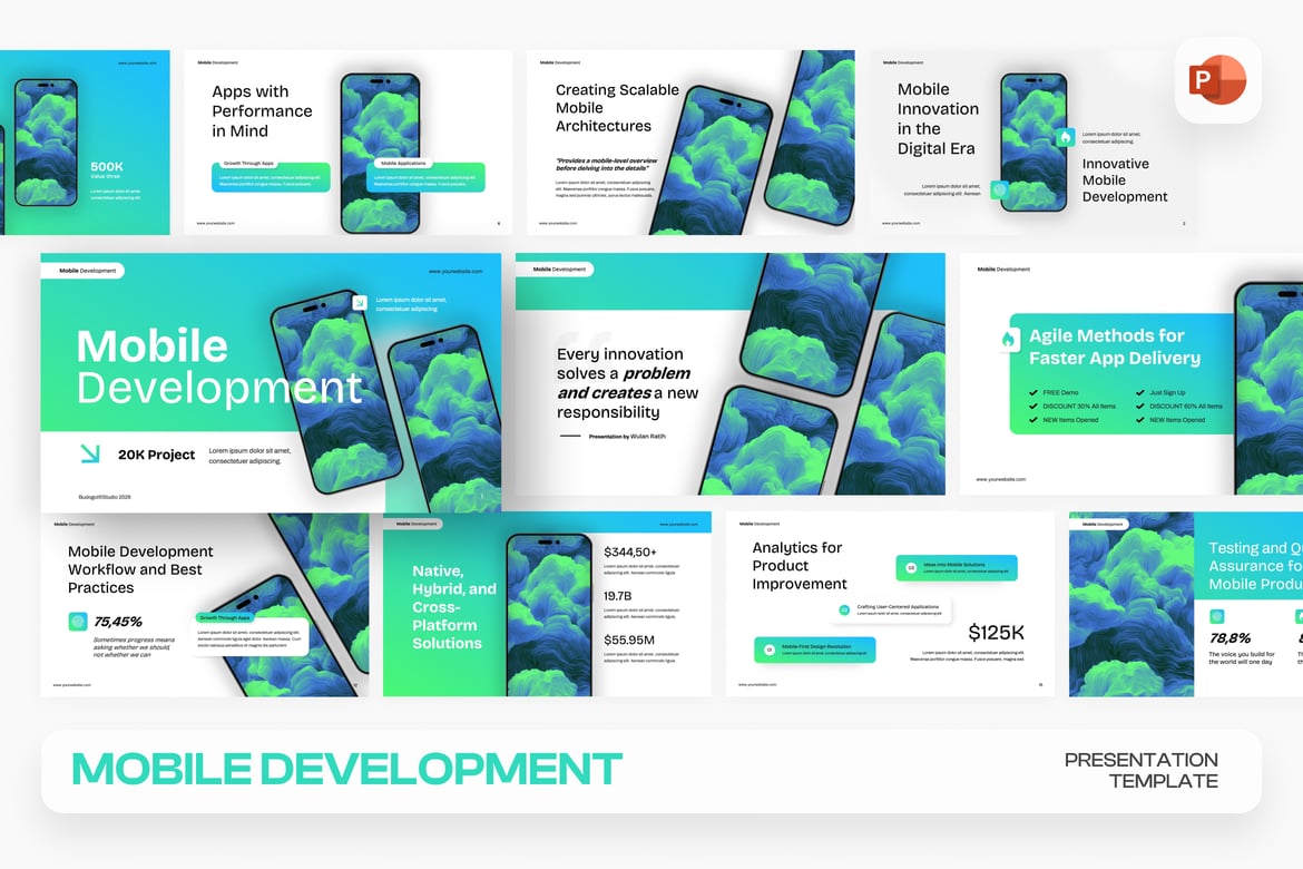 Template Presentasi PowerPoint untuk Pengembangan Mobile yang Modern