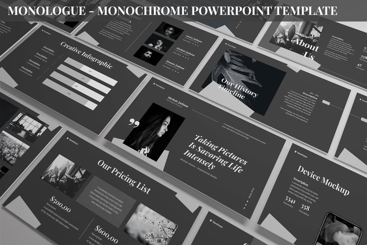 Template Powerpoint Monologue - Elegan dengan Latar Belakang Monokrom