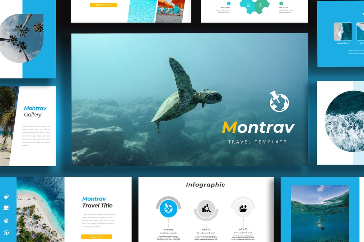Template Presentasi PowerPoint Montrav untuk Perjalanan dan Bisnis