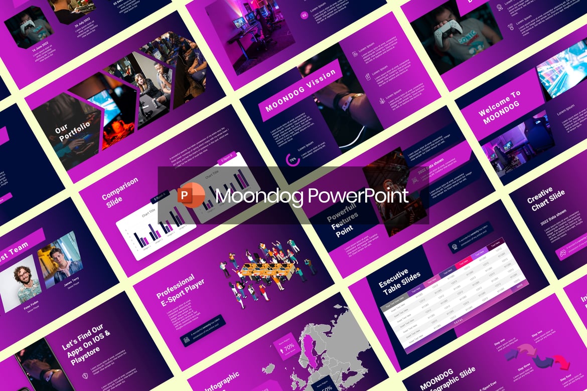 Template Presentasi PowerPoint Moondog Purple: Futuristik untuk Esport