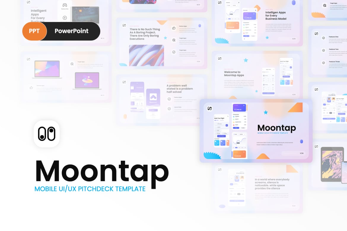 Moontap - Template PowerPoint Presentasi UI/UX Aplikasi Mobile yang Menarik