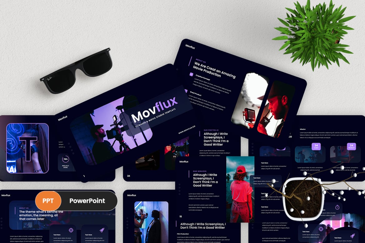 Movflux - Template PowerPoint Kreatif untuk Pembuat Film dan Presentasi Film