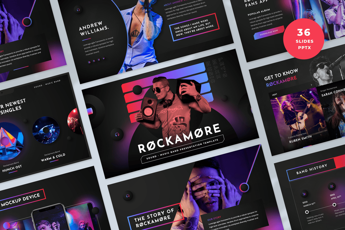 Template Presentasi PowerPoint Rockamore untuk Band dan Musisi