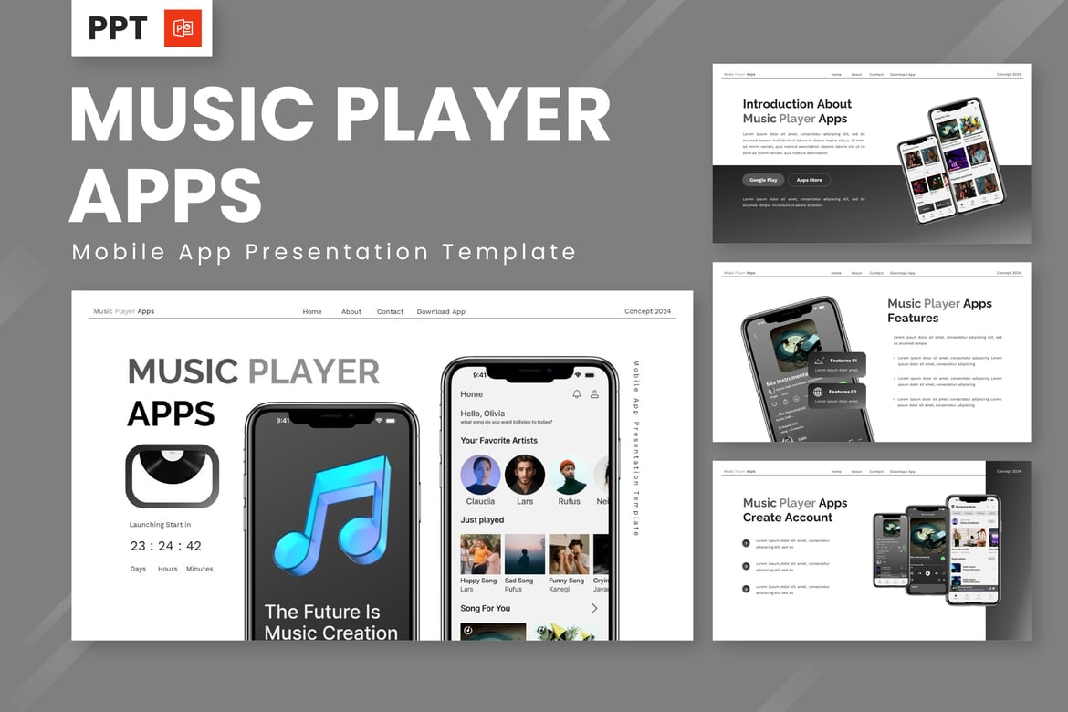 Template Presentasi Powerpoint Aplikasi Pemutar Musik yang Menarik