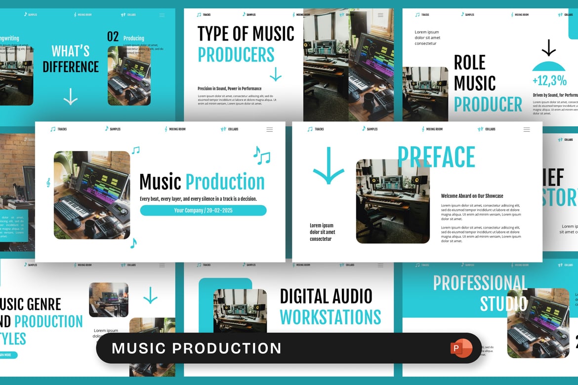 Template Presentasi PowerPoint Produksi Musik yang Kreatif dan Profesional