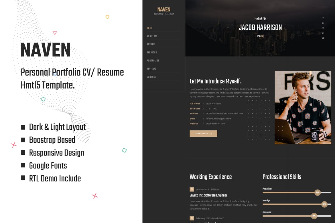 Template Portfolio Kreatif Naven - Resume / CV / vCard yang Responsif