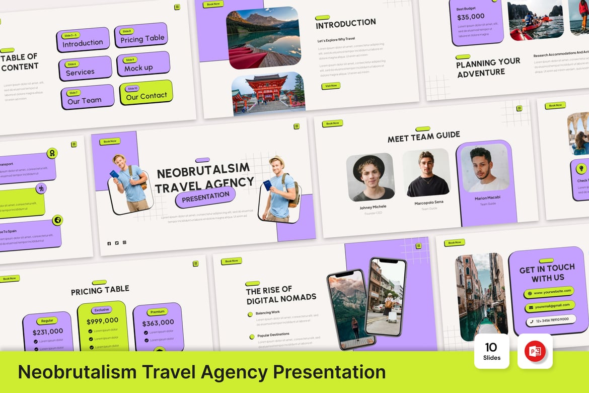 Template PowerPoint Agensi Perjalanan Neobrutalism yang Menarik