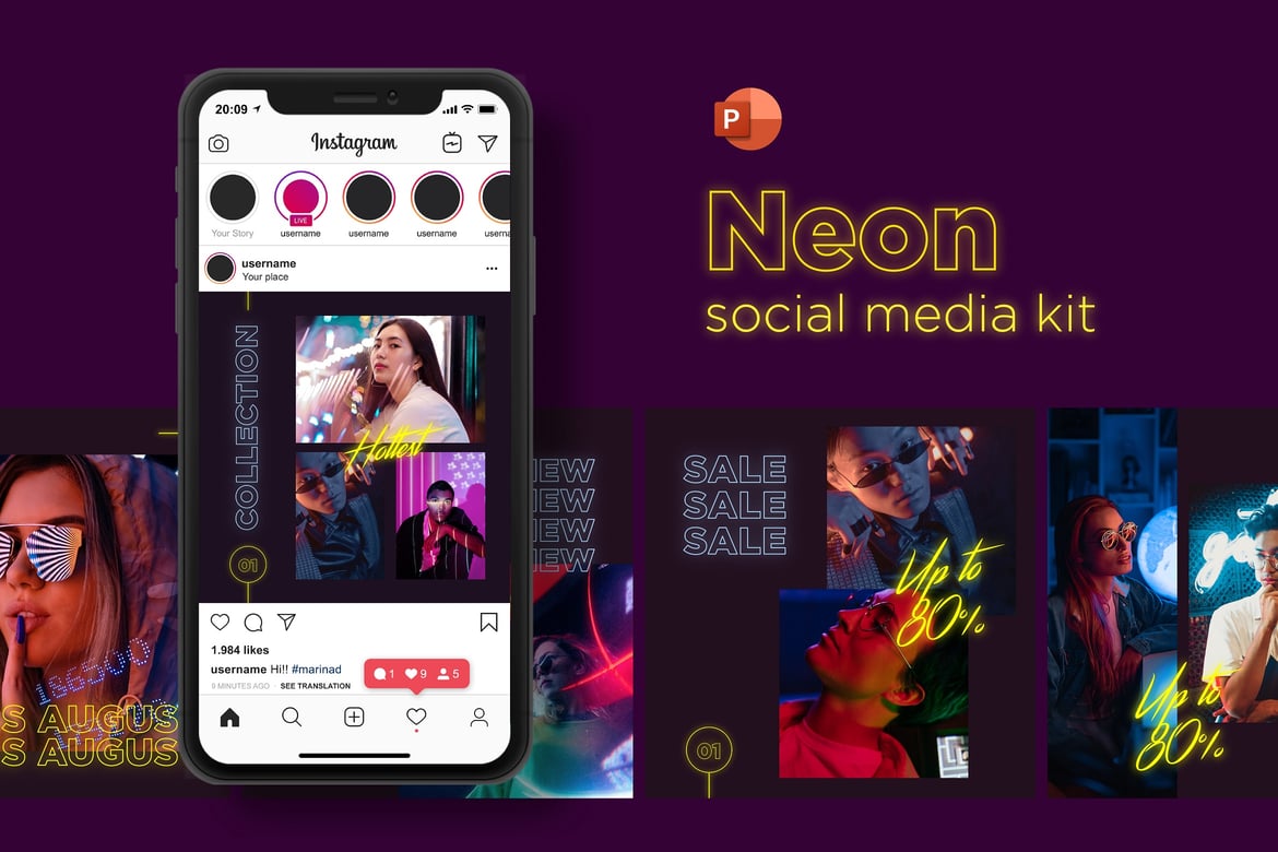 Kit Media Sosial Neon - Template PowerPoint Menarik