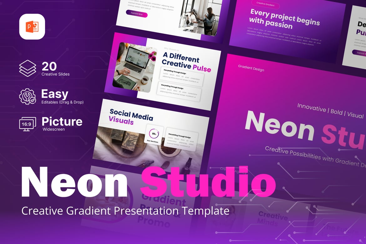 Template Powerpoint Neoon Studio dengan Gradasi Kreatif yang Menawan