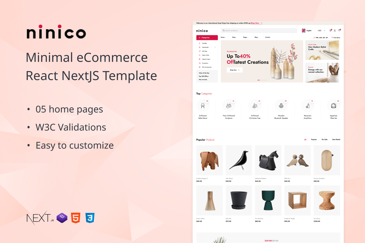 Ninico - Template Website eCommerce Minimalis untuk React NextJS