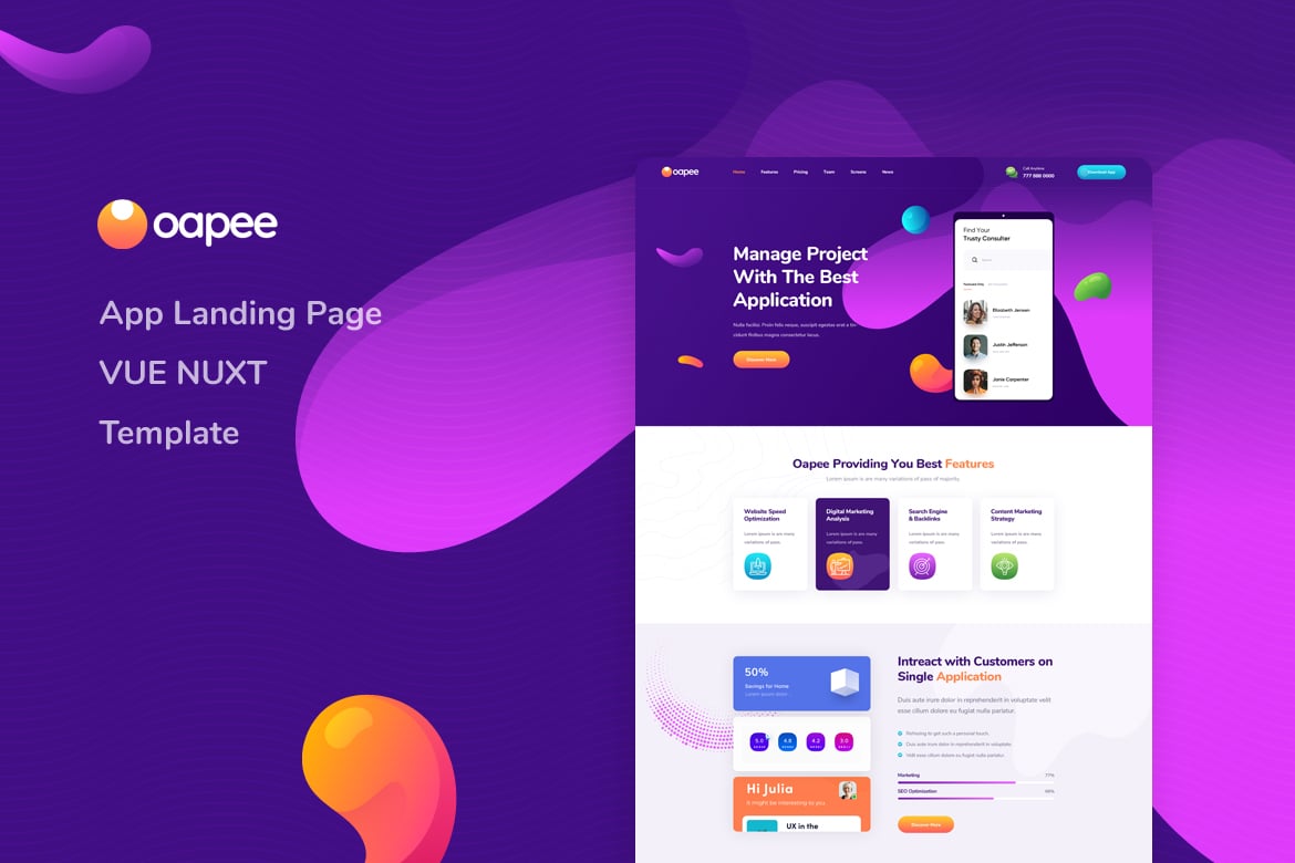 Oapee - Template Website Landing Page Aplikasi Vue Nuxt yang Menarik