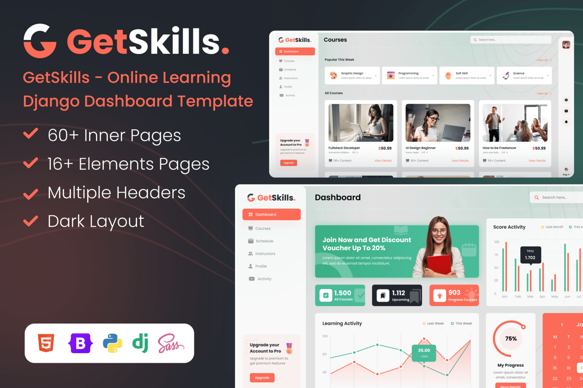 Template Web Admin Django untuk Platform Pembelajaran Online yang Profesional