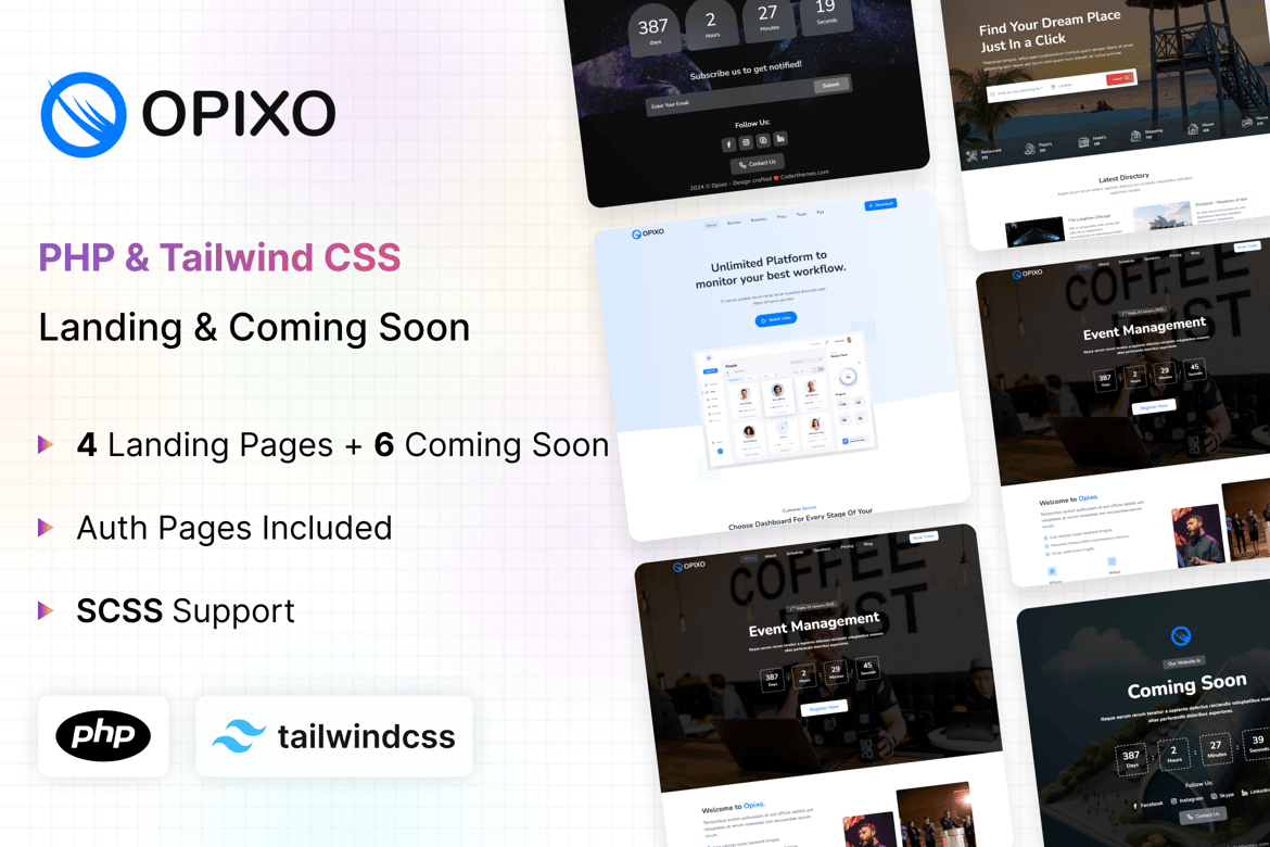 Opixo - Template Website PHP dan Tailwind CSS untuk Halaman Landing & Coming Soon