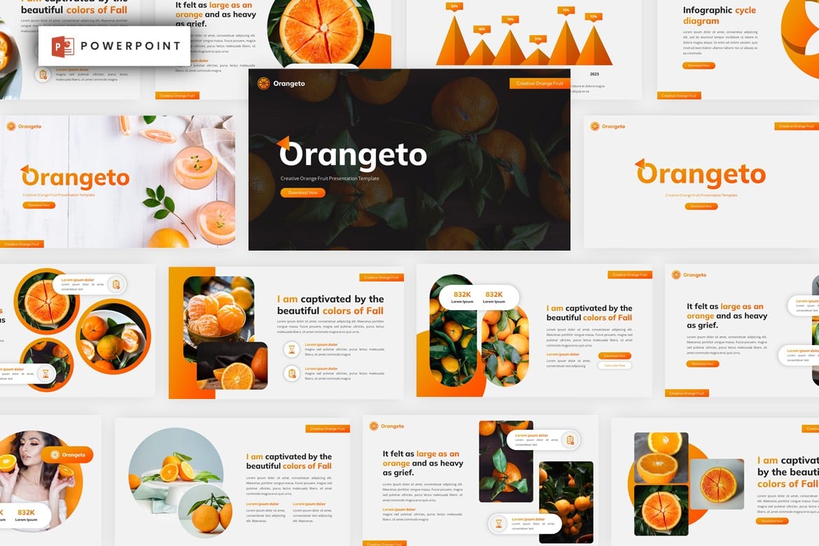 Template Presentasi PowerPoint Segar: Orangeto dengan Desain Buah yang Menarik