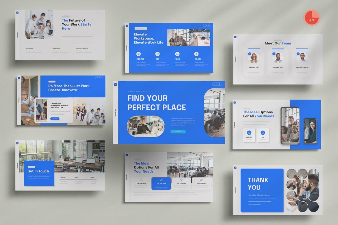 Template Presentasi PowerPoint Ourworks - Ruang Kerja Bersama yang Menarik