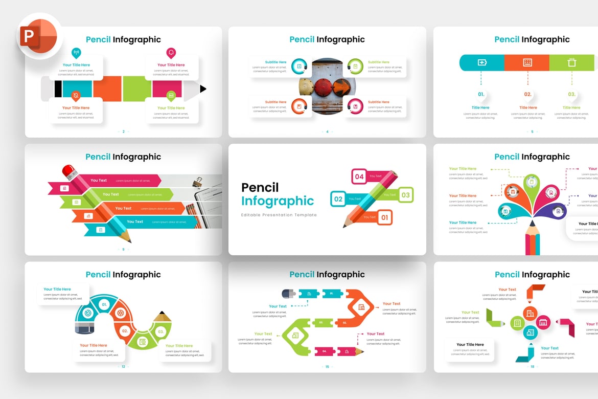 Template PowerPoint Infografis Pensil yang Menarik