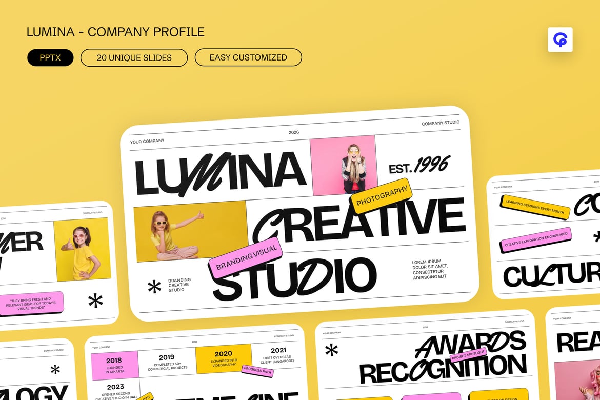 Template PowerPoint Profil Perusahaan Neo Brutalis Pink yang Menarik