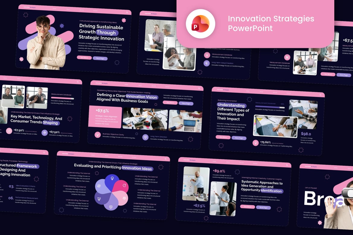 Template Presentasi Powerpoint Strategi Inovasi Pink Ungu yang Kreatif