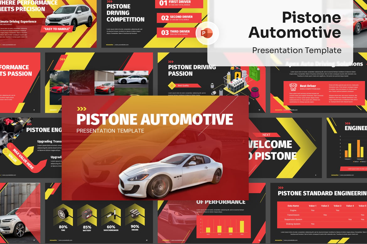 Template Presentasi PowerPoint Otomotif Pistone yang Menarik