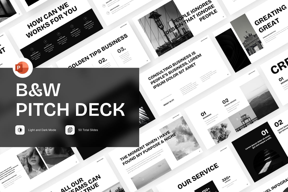 Template PowerPoint Pitch Deck Hitam Putih yang Menarik