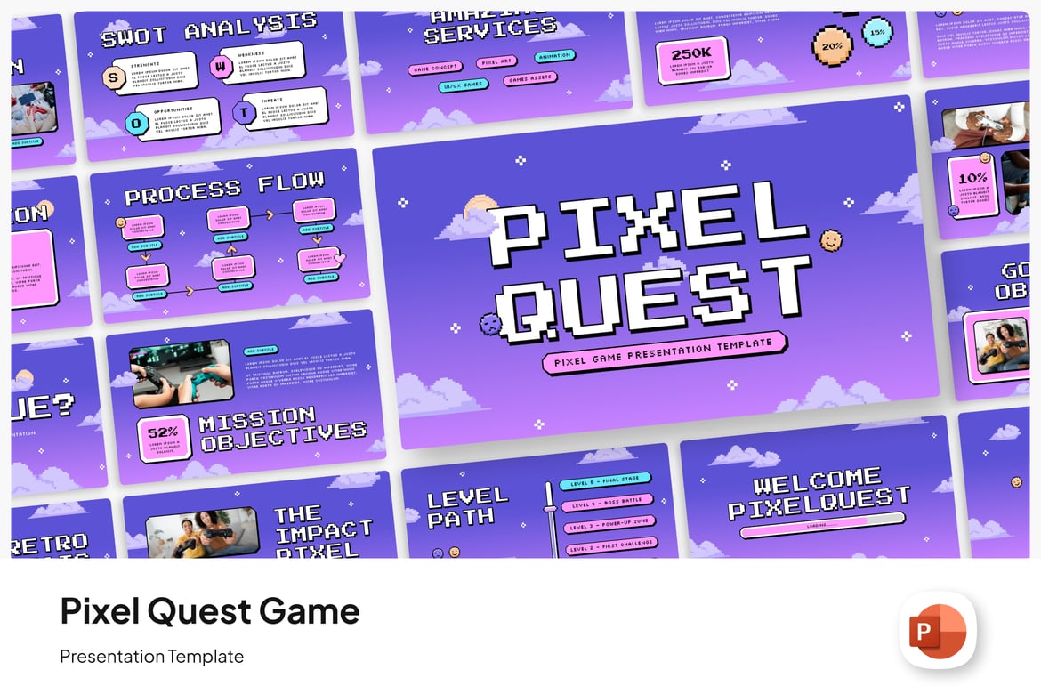 Template Presentasi Pixel Quest untuk Game yang Menarik