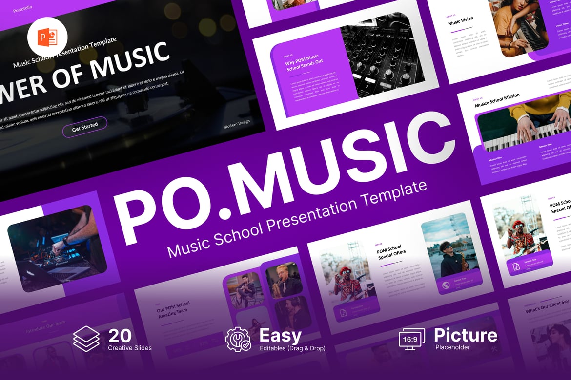 Template PowerPoint Sekolah Musik - Power Of Music yang Menarik