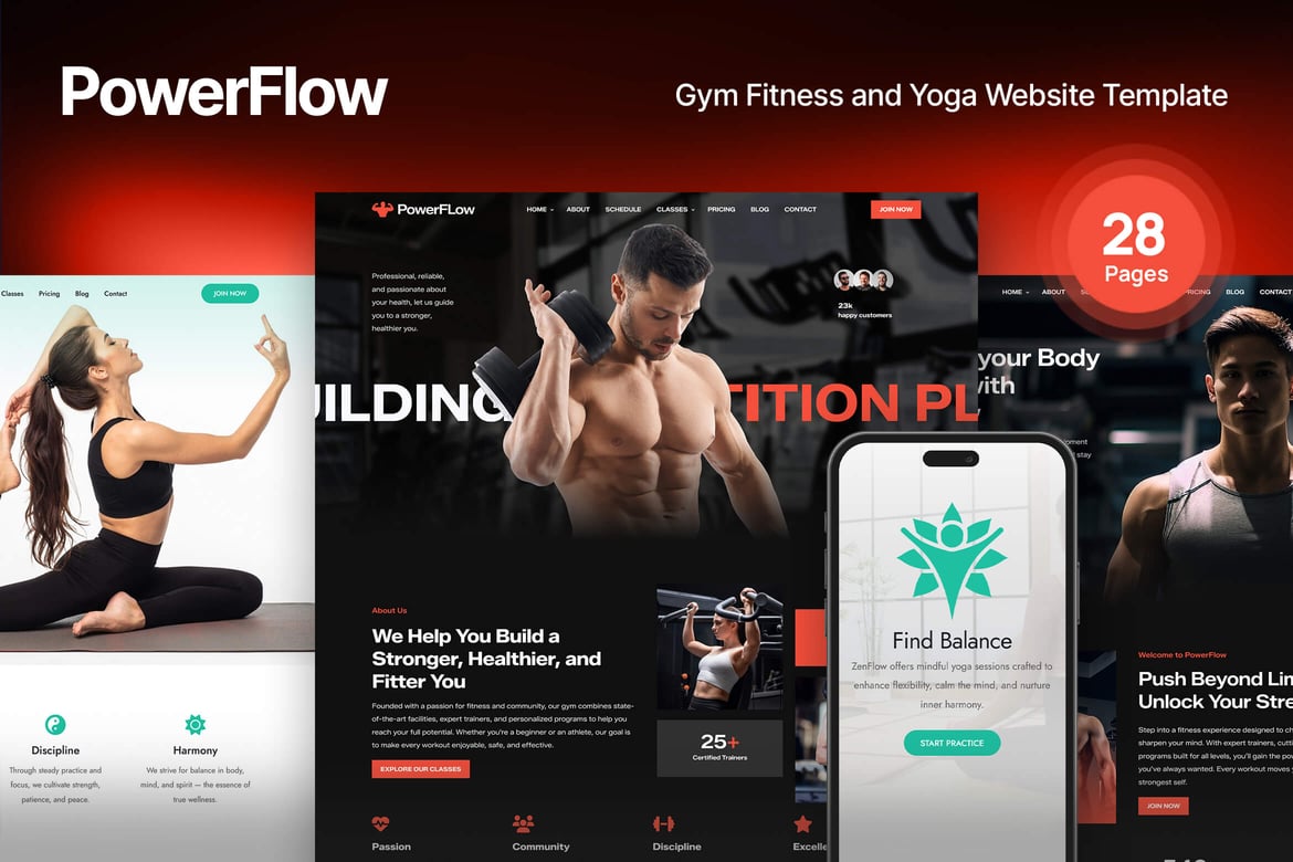 Template Website Gym dan Yoga PowerFlow - Desain Energi Tinggi