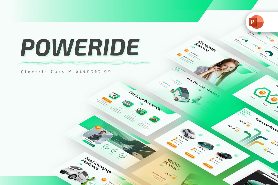 Template PowerPoint Mobil Listrik Poweride yang Menarik dan Profesional