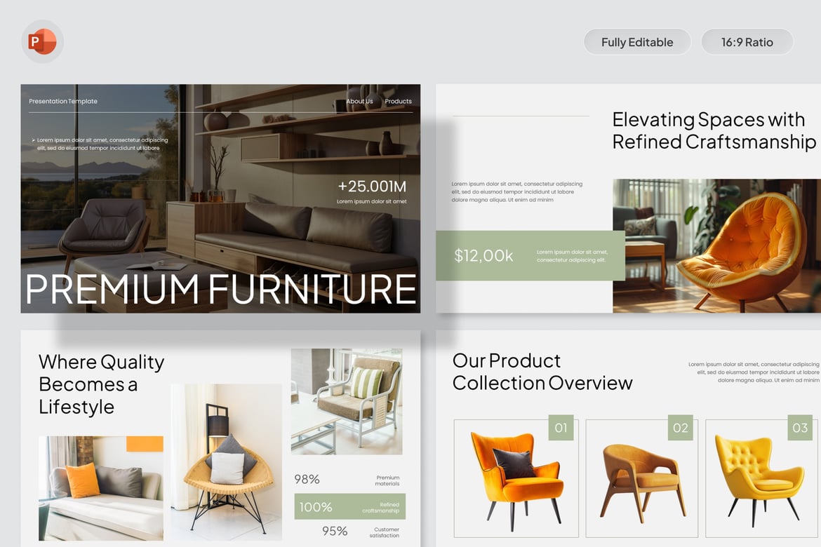 Template Presentasi PowerPoint Furniture Premium untuk Brand Interior Mewah