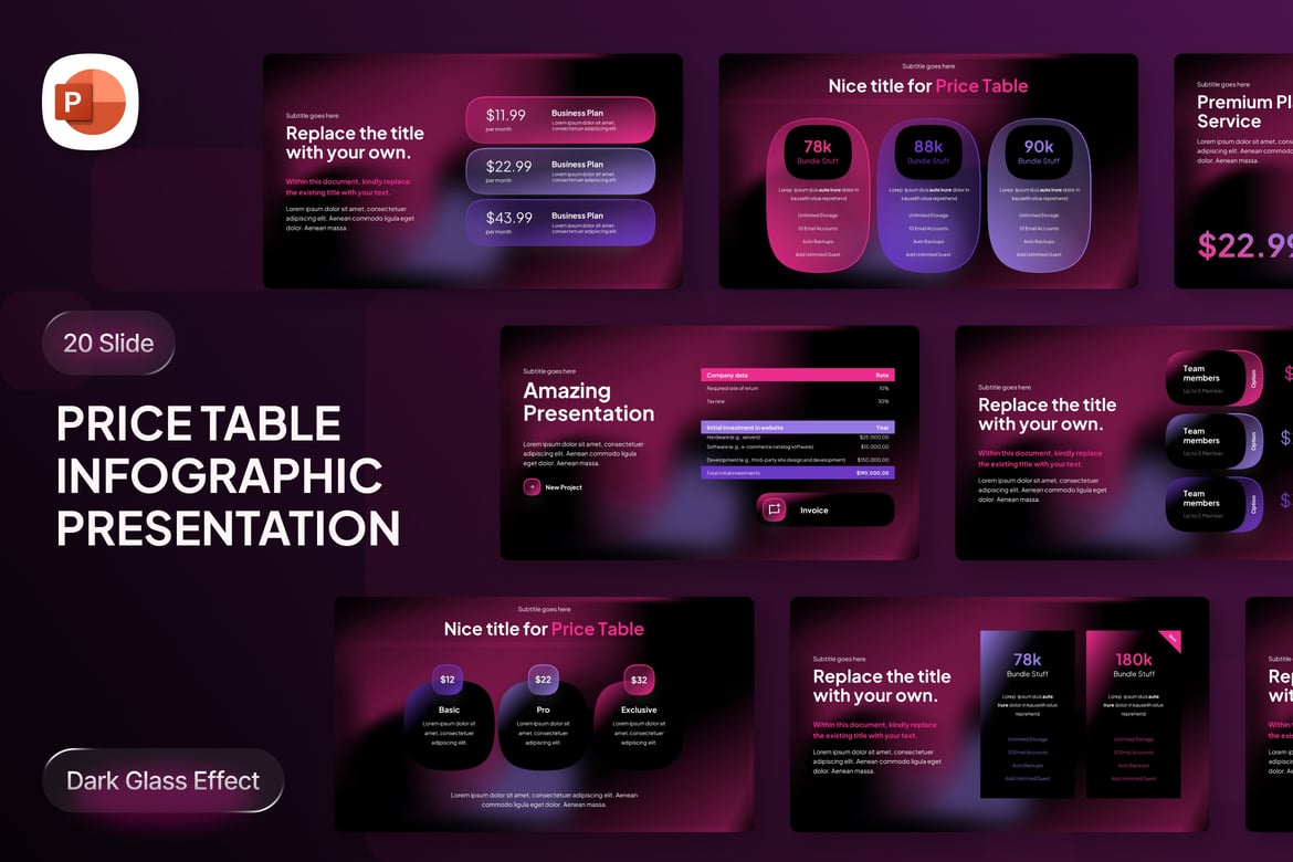 Template PowerPoint Infografis Tabel Harga Glassmorph yang Menarik