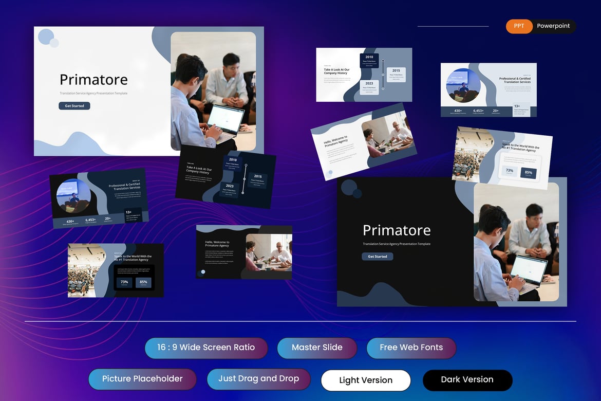 Template Presentasi PowerPoint Primatore - Solusi Terbaik untuk Agensi Translasi