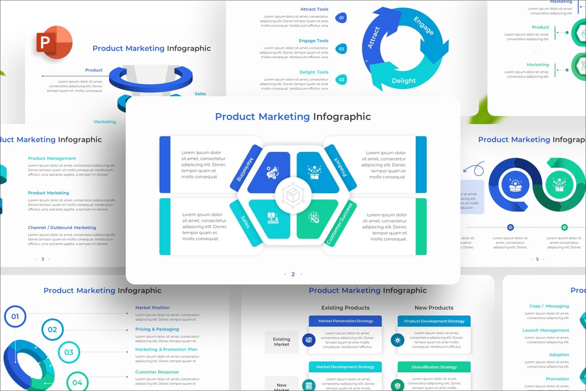 Template PowerPoint Infografis Pemasaran Produk yang Menarik