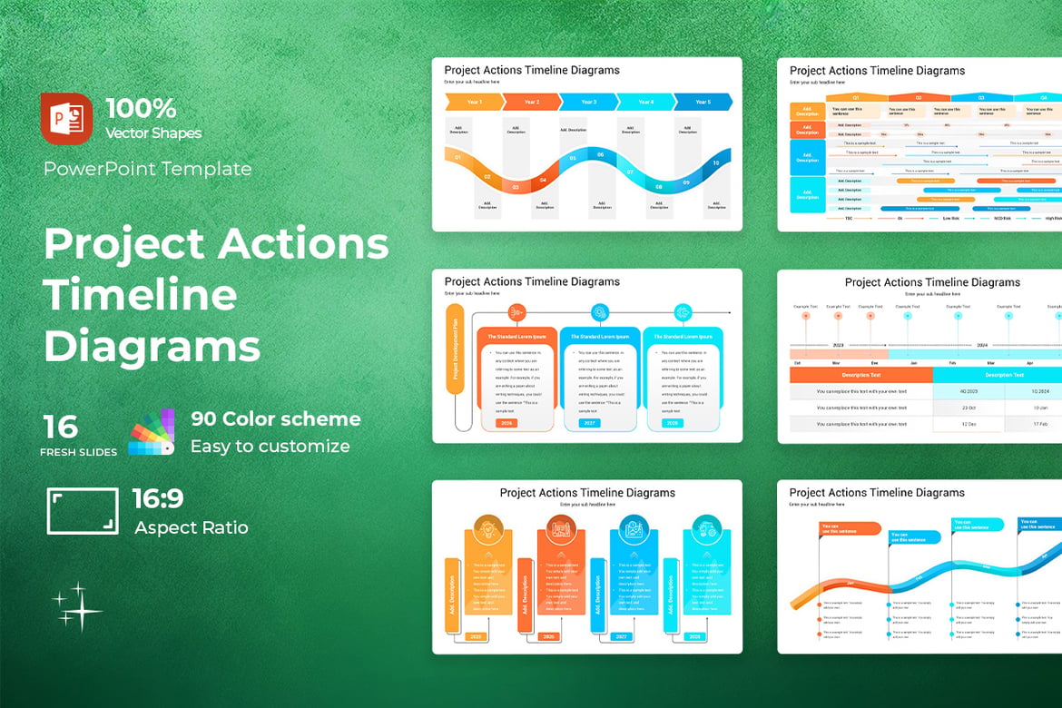 Template PowerPoint Diagram Garis Waktu Tindakan Proyek yang Menarik