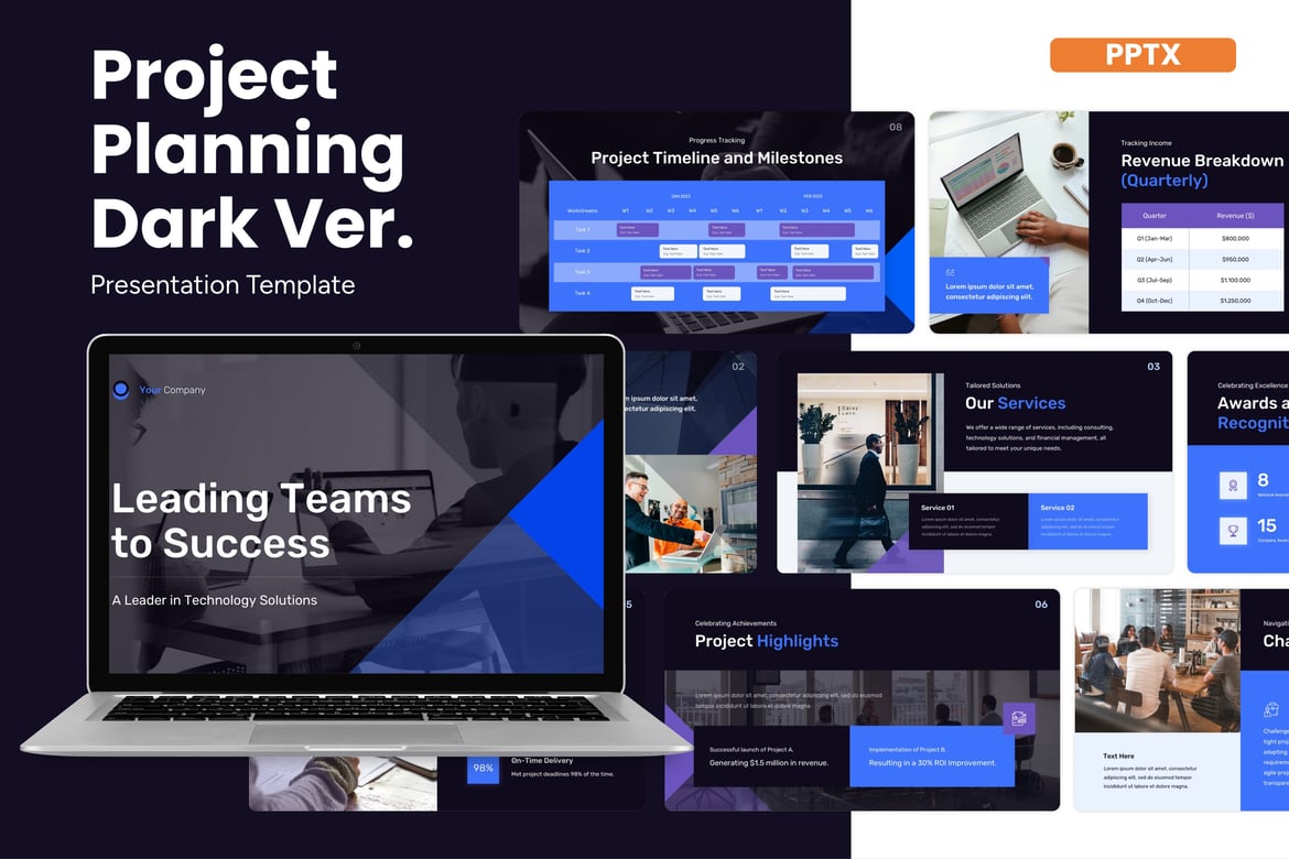 Template Presentasi Powerpoint Rencana Proyek - Versi Gelap yang Menarik