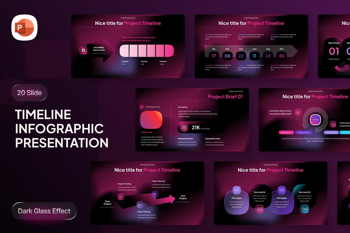 Template Presentasi PowerPoint Infografis Timeline Proyek dengan Efek Glassmorph