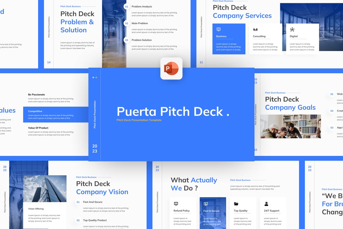 Template Presentasi Pitch Deck Modern Puerta Blue