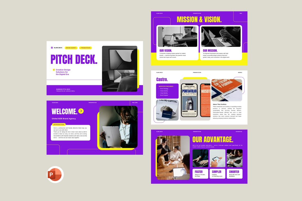 Template Presentasi PowerPoint Pitch Deck Ungu yang Menarik
