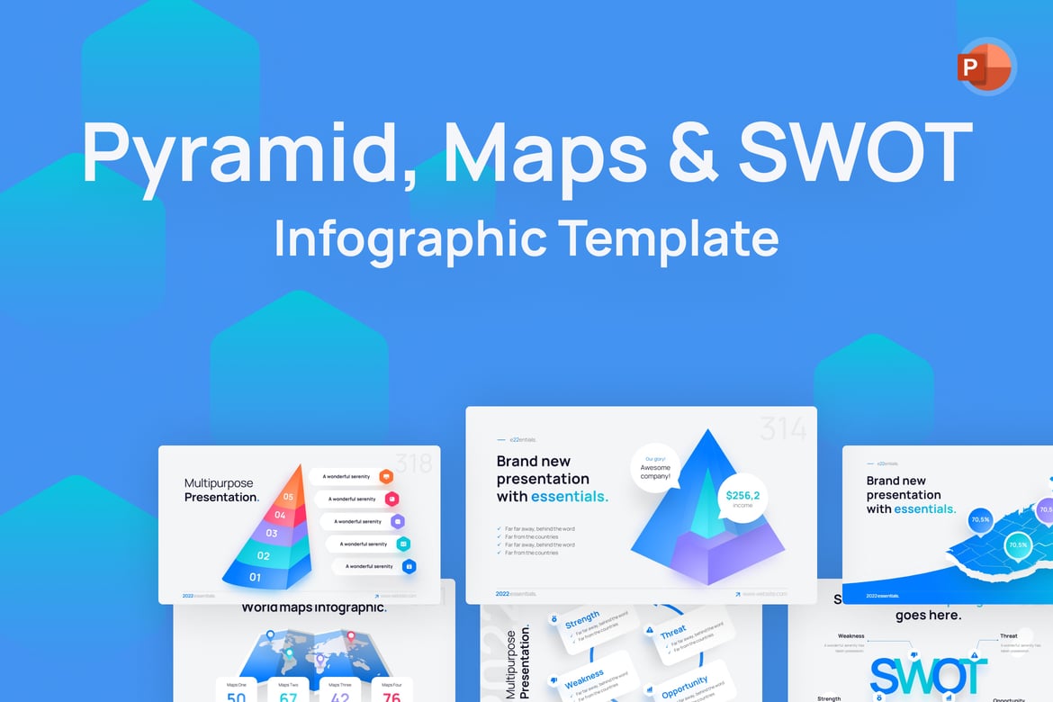 Template Presentasi PowerPoint Pyramid, Peta & SWOT yang Menarik
