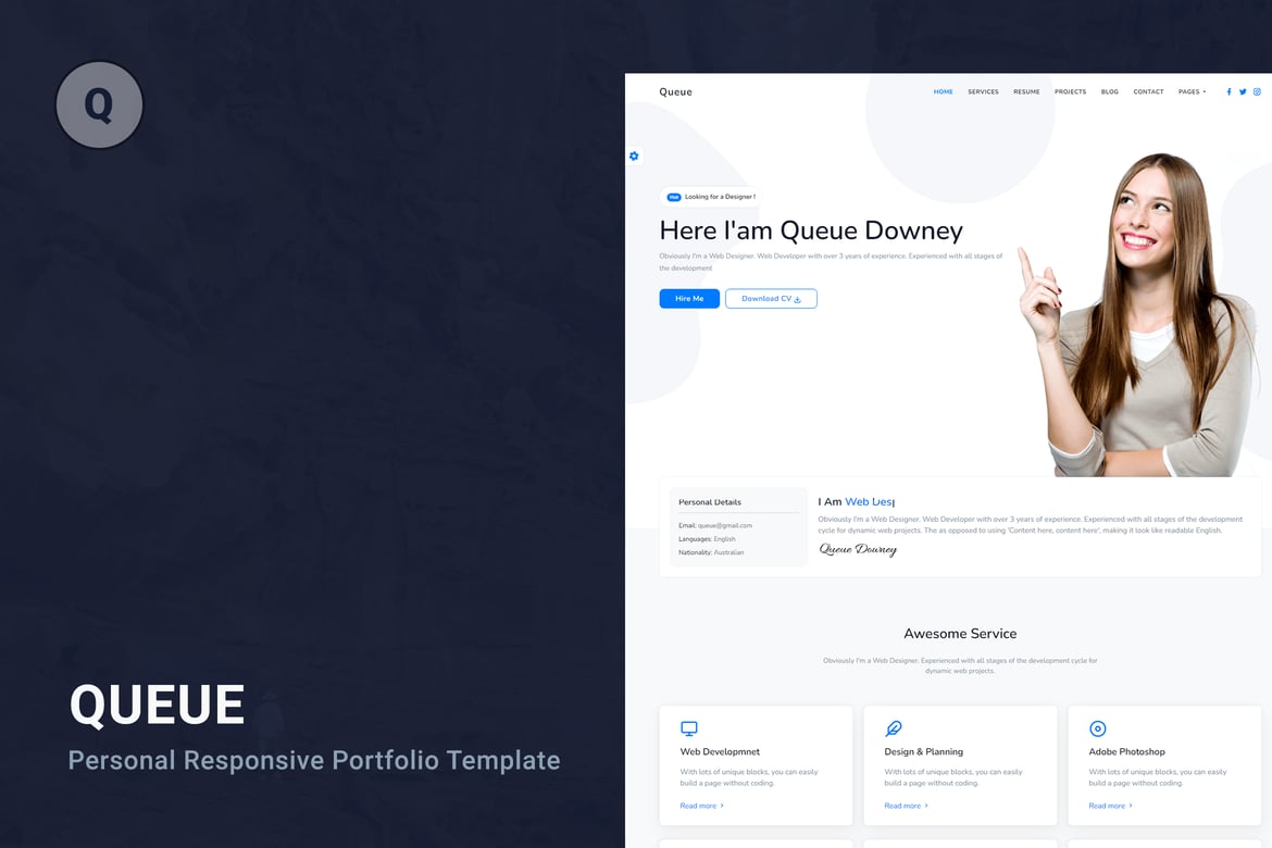 Queue - Template Website Portofolio Pribadi dengan Tailwind CSS