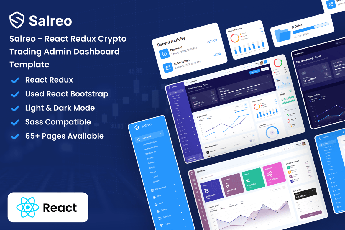 Template Website Dashboard Admin Perdagangan Kripto React Redux yang Modern