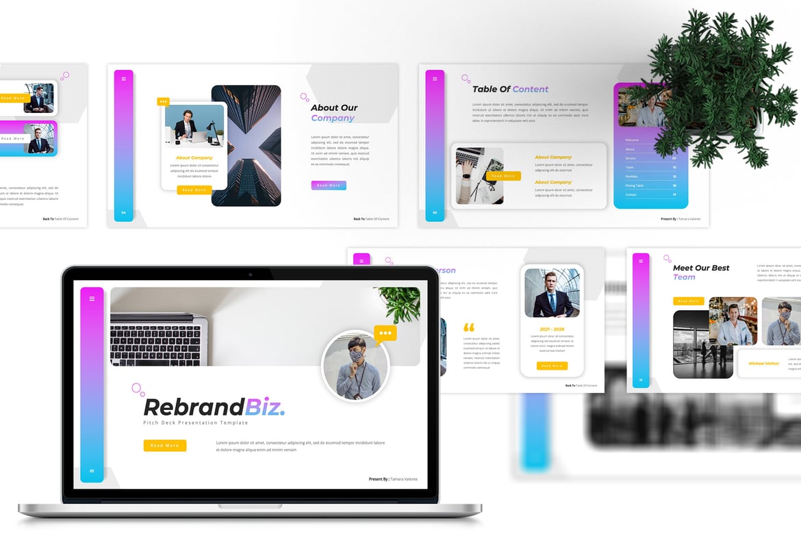 Template Presentasi Pitch Deck RebrandBiz - PowerPoint Kreatif dan Modern