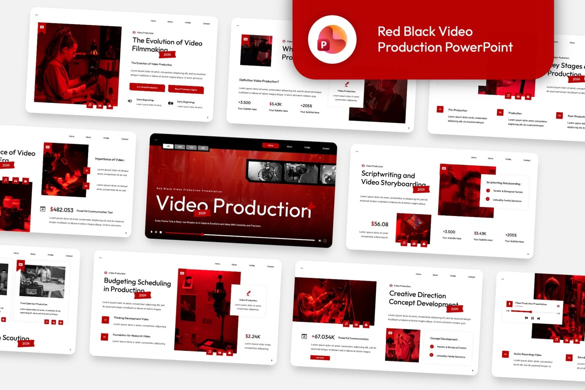 Template Presentasi PowerPoint Produksi Video Merah Hitam yang Kreatif