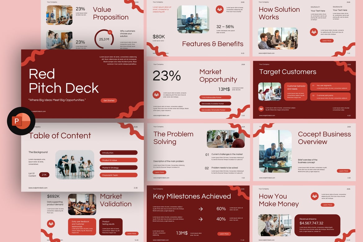 Template Presentasi PowerPoint Pitch Deck Merah yang Menarik