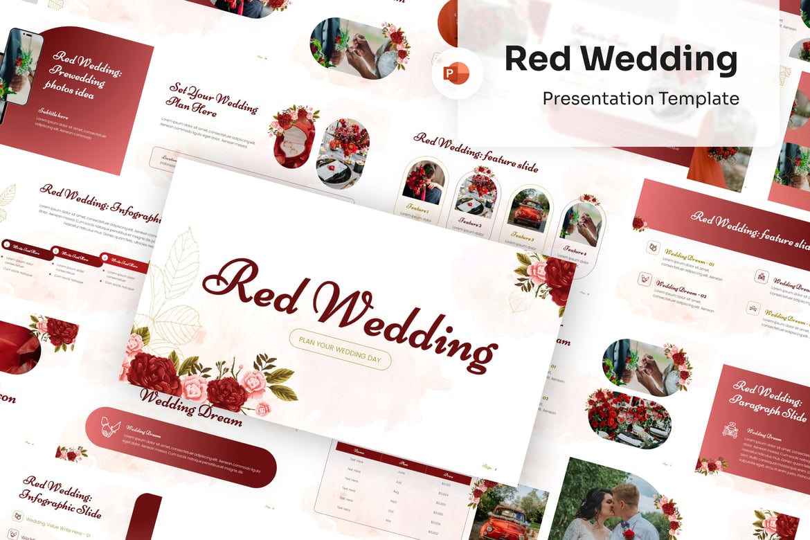 Template PowerPoint Pernikahan Merah yang Memukau