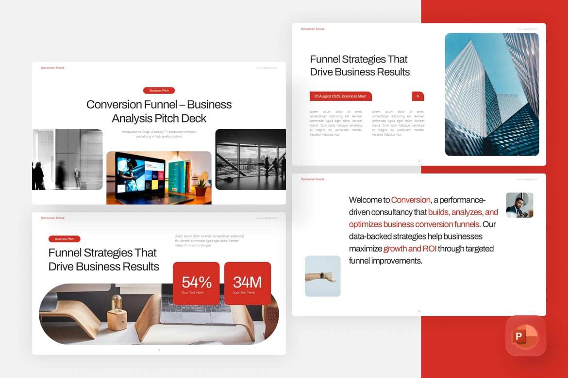 Template PowerPoint Funnel Konversi Merah Putih yang Modern