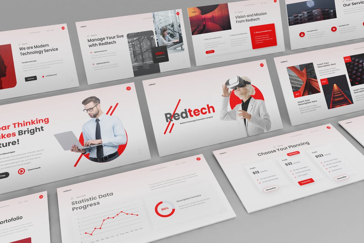 Template Presentasi Teknologi Merah Redtech - PowerPoint Menarik untuk Pitch Deck Anda