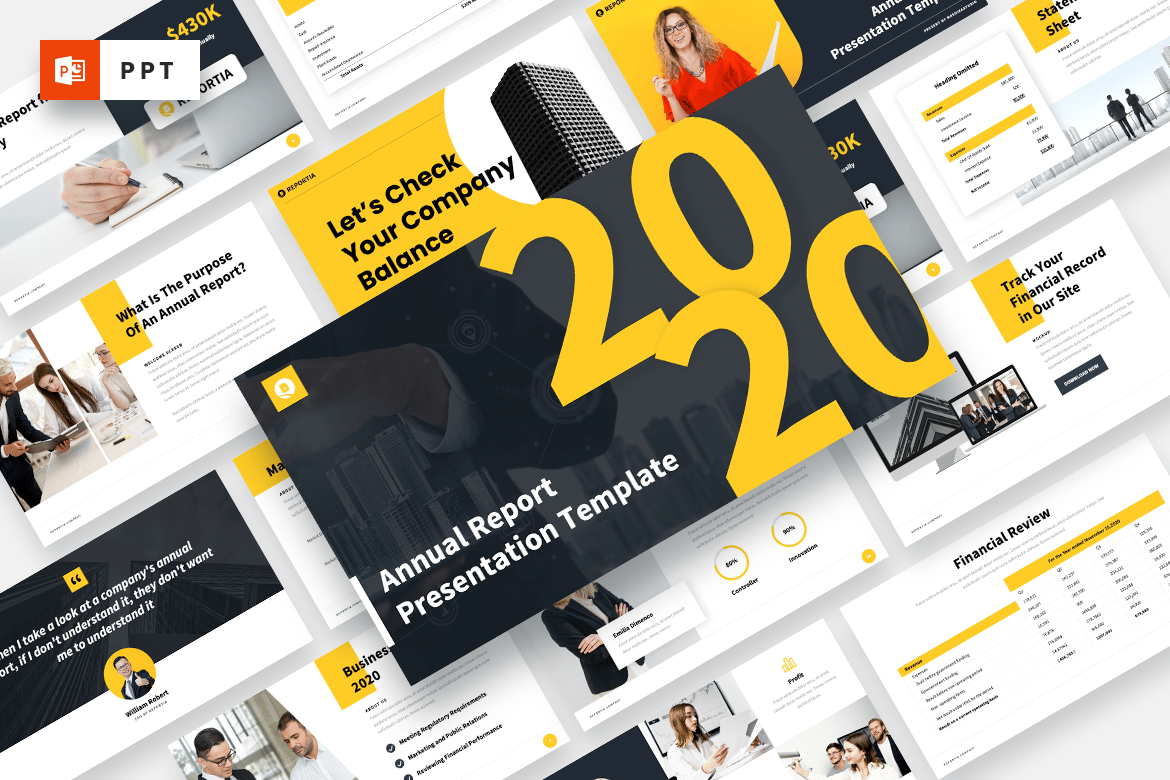 Reportia - Template Presentasi PowerPoint Laporan Tahunan yang Modern dan Profesional