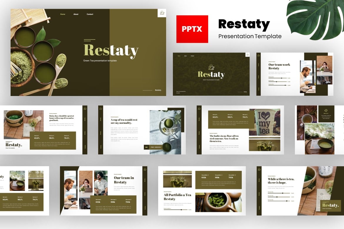 Restaty - Template Presentasi Powerpoint Toko Teh Organik yang Modern
